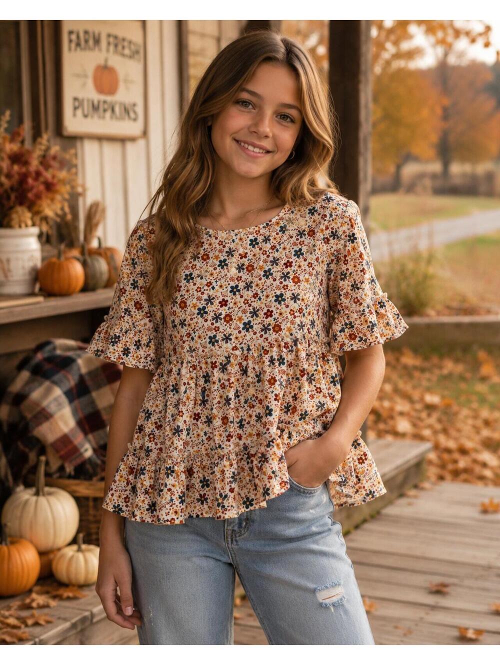 Rare Editions Girls Floral Tiered Ruffle Sleeve Top Size 12